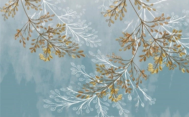 Gold and White Plant Fronds On Blue Background Wallpaper Mural, Custom Sizes Available