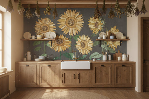 Image of Simple Outlined Sunflower Background Wallpaper Mural, Custom Sizes Available