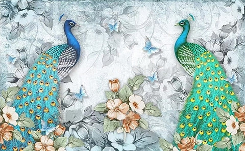 Image of Exquisito mural de papel pintado con pavo real y gallina, tamaños personalizados disponibles