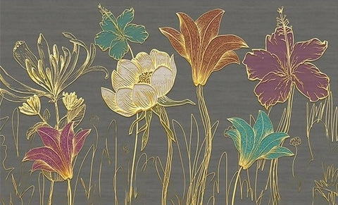 Image of Papel pintado de flores con líneas doradas, tamaños personalizados disponibles