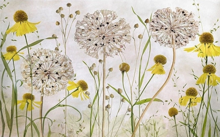 Hand Painted Dandelions and Coneflowers Wallpaper Mural, Custom Sizes Available
