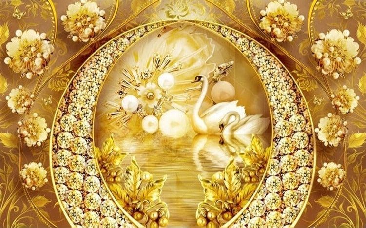 Golden Swans, Flowers and Jewelry Wallpaper Mural, Custom Sizes Available
