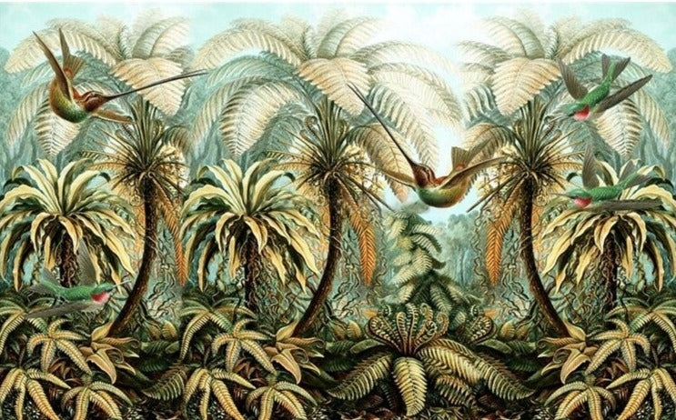 Hand-Painted Retro Hummingbirds and Palms  Wallpaper Mural, Custom Sizes Available