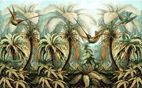 Image of Hand-Painted Retro Hummingbirds and Palms  Wallpaper Mural, Custom Sizes Available