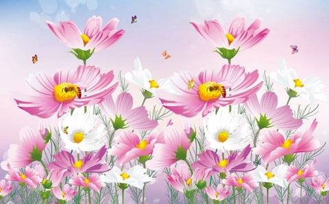 Image of Lovely Pink and White Anemones and Butterflies Wallpaper Mural, Custom Sizes Available