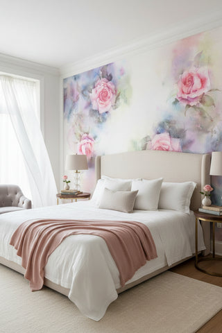 Image of Elegant Faint Pink Roses In Watercolor Wallpaper Mural, Custom Sizes Available