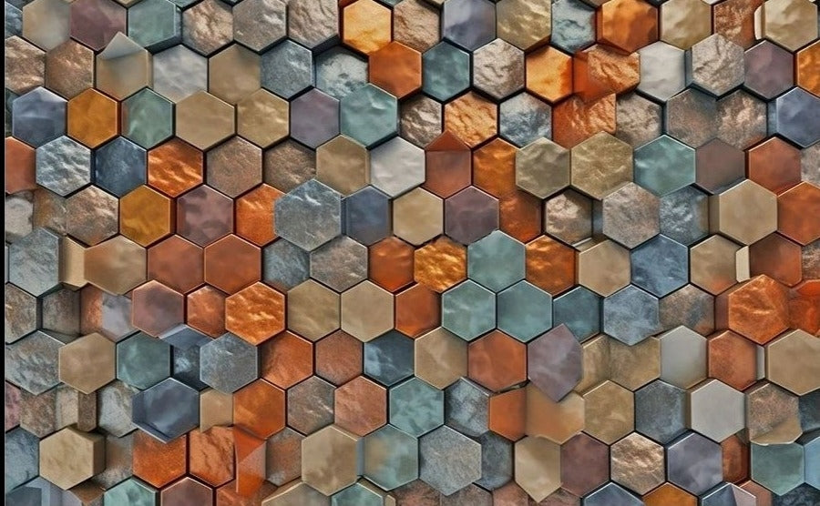 Bold Multicolor Metal Hexagon Stack Wallpaper Mural, Custom Sizes Available