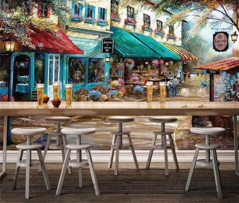 Image of Hand Painted Retro Town and Cafe Wallpaper Mural, Custom Sizes Available