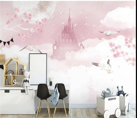 Image of Castle In Pink Clouds Wallpaper Mural, Custom Sizes Available
