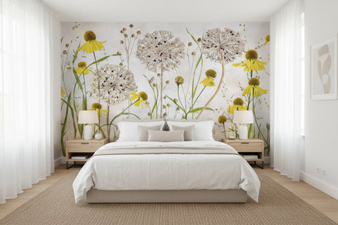 Image of Pastoral Hand-Painted Dandelions Wallpaper Mural, Custom Sizes Available