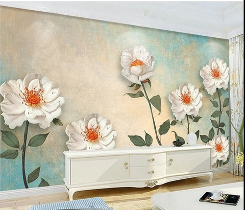 Image of Vintage White Roses Wallpaper Mural, Custom Sizes Available
