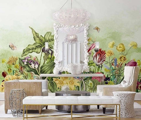 Image of Mural de papel pintado con flores y mariposas pintadas a mano, tamaños personalizados disponibles