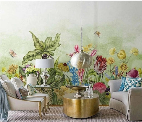 Image of Mural de papel pintado con flores y mariposas pintadas a mano, tamaños personalizados disponibles
