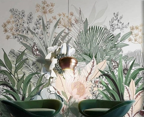 Image of Mural de papel pintado tropical nórdico pintado a mano, tamaños personalizados disponibles