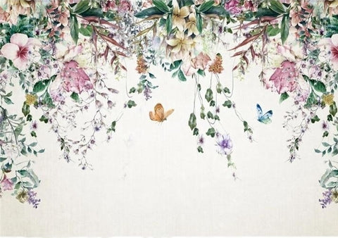 Image of Mural de papel pintado de enredaderas y mariposas florecientes, tamaños personalizados disponibles