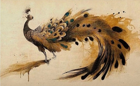 Image of Decorative Brown Peacock Watercolor Painting Wallpaper Mural, Custom Sizes Available