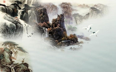 Image of Chinese Misty Waterfalls Wallpaper Mural, Custom Sizes Available