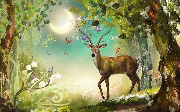 Enchanting Deer and Moon Fantasy Wallpaper Mural, Custom Sizes Available