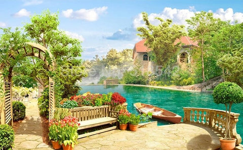 Image of Serene Mediterranean Lake Village Wallpaper Mural, Custom Sizes Available