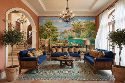 Image of Serene Mediterranean Lake Village Wallpaper Mural, Custom Sizes Available