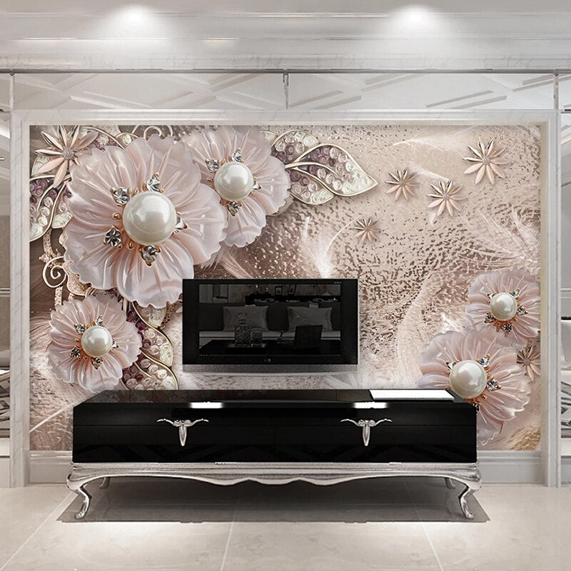 Luxurious Pearl and Diamonds Floral Background Wallpaper Mural, Custom Sizes Available