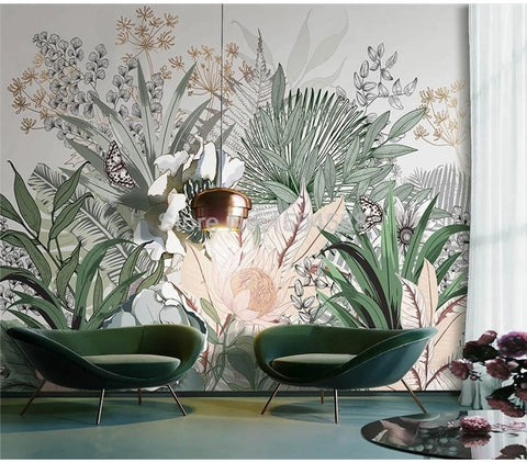 Image of Mural de papel pintado tropical nórdico pintado a mano, tamaños personalizados disponibles