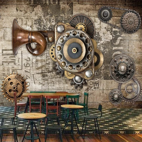 Image of Retro Steampunk Mechanical Gears Wallpaper Mural, Custom Sizes Available