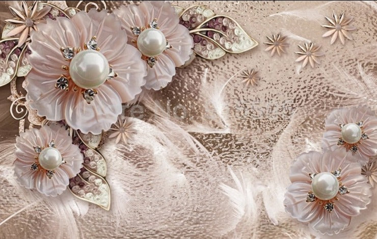 Luxurious Pearl and Diamonds Floral Background Wallpaper Mural, Custom Sizes Available