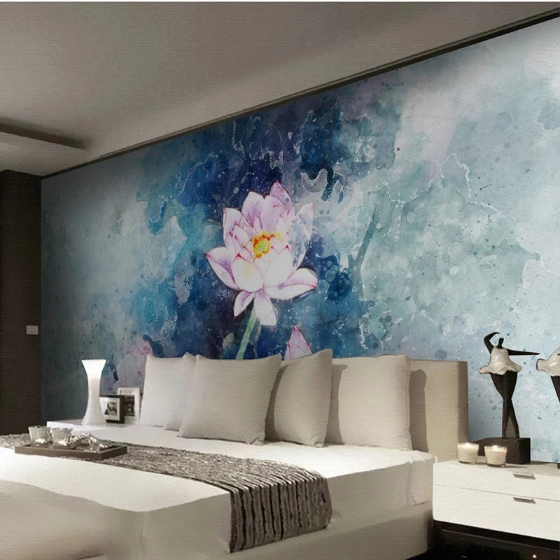 Alluring White Waterlily Painting Wallpaper Mural, Custom Sizes Available