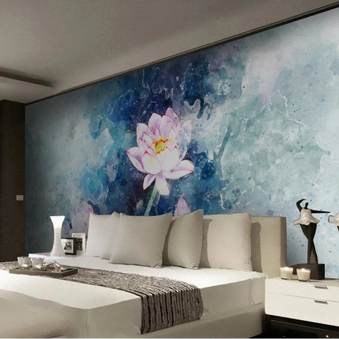 Image of Alluring White Waterlily Painting Wallpaper Mural, Custom Sizes Available
