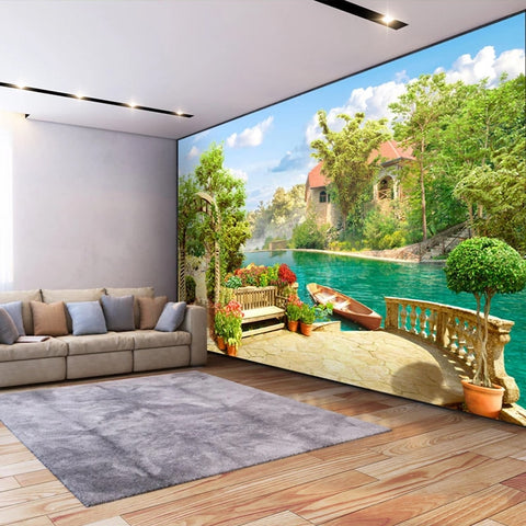 Image of Serene Mediterranean Lake Village Wallpaper Mural, Custom Sizes Available