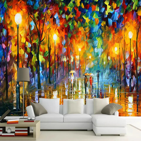 Image of Colorful Afremov-Inspired City Landscape Wallpaper Mural, Custom Sizes Available