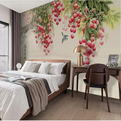 Image of Chinese-Style Painting Red Currants Wallpaper Mural, Custom Sizes Available