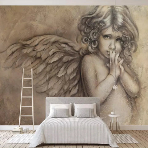 Image of Adorable Angelic Girl With Wings Wallpaper Mural, Custom Sizes Available