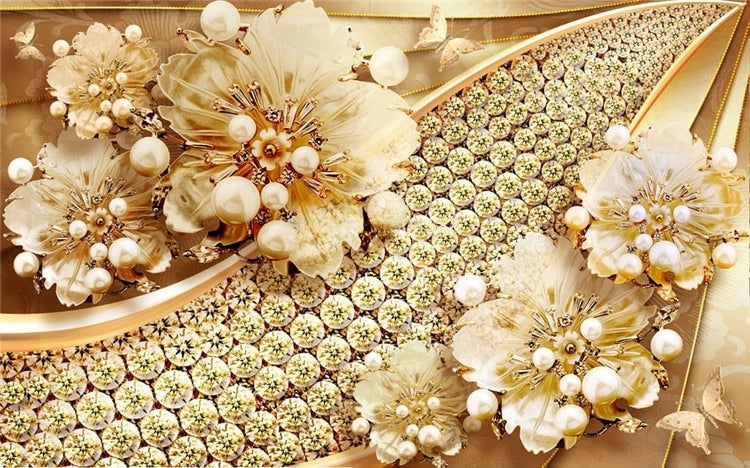 Gold and Diamond Flower Jewelry Wallpaper Mural, Custom Sizes Available