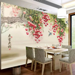 Chinese-Style Painting Red Currants Wallpaper Mural, Custom Sizes Available