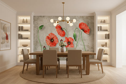 Image of Beautiful Red Poppies With Gray Background Wallpaper Mural, Custom Sizes Available