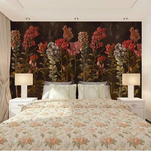 Hand-Painted Floral Display Wallpaper Mural, Custom Sizes Available