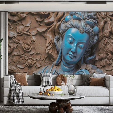Image of Blue Jade Avalokitesvara Relief Wallpaper Mural, Custom Sizes Available