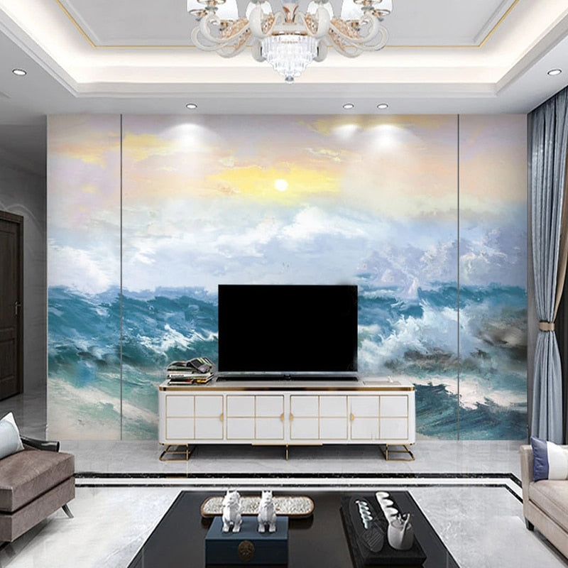 Spectacular Ocean Waves Painting Wallpaper Mural, Custom Sizes Available