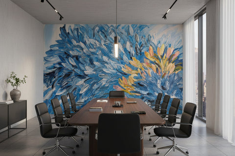 Image of Abstract Tan/Blue/White Feathered Brushstrokes Background Wallpaper Mural, Custom Sizes Available