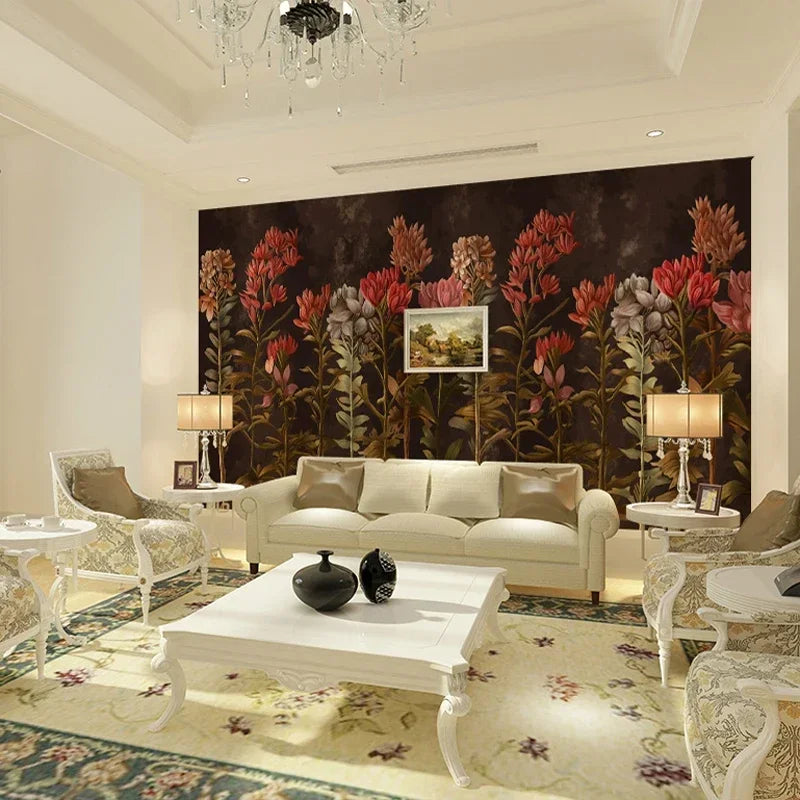 Hand-Painted Floral Display Wallpaper Mural, Custom Sizes Available