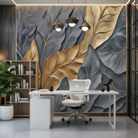 Image of Bold Black and White Overlapping Leaves Mural Wallpaper. Custom Sizes Available