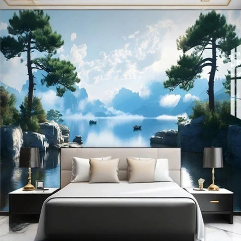 Image of Serene Lake and Pine Trees Wallpaper Mural, Custom Sizes Available