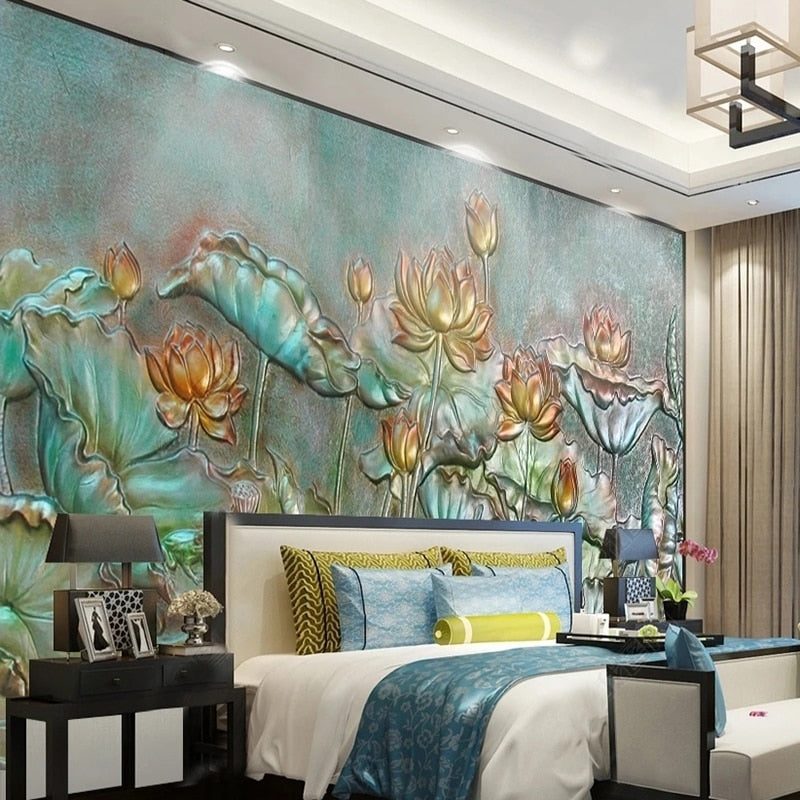 Golden Lotus 3D Raised Relief Wallpaper Mural, Custom Sizes Available