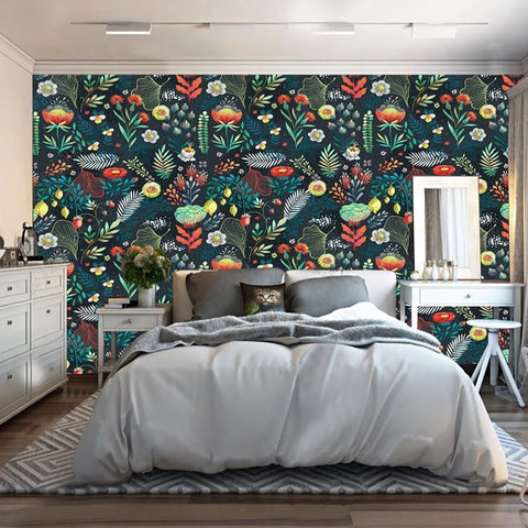 Image of Leaves and Blooms on Dark Background Wallpaper Mural, Custom Sizes Available