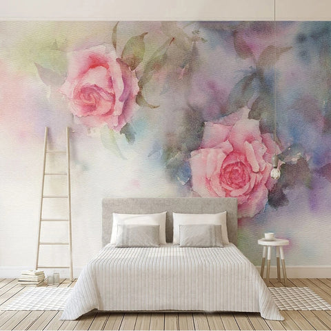 Image of Elegant Faint Pink Roses In Watercolor Wallpaper Mural, Custom Sizes Available
