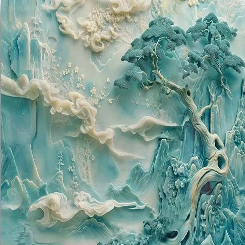 Exquisite Chinese Carved Landscape Wallpaper Mural, Custom Sizes Available