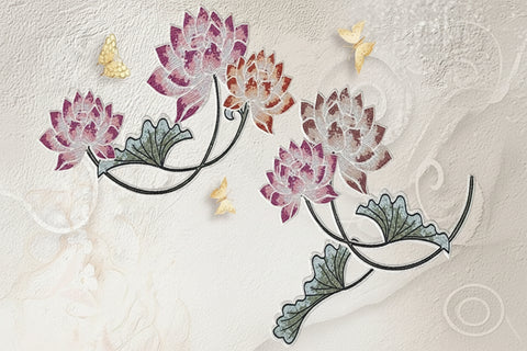 Image of Awesome Mosaic Lotus Flowers and Golden Butterflies Wallpaper Mural, Custom Sizes Available