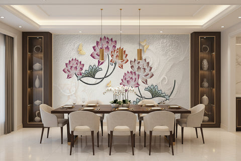 Image of Awesome Mosaic Lotus Flowers and Golden Butterflies Wallpaper Mural, Custom Sizes Available